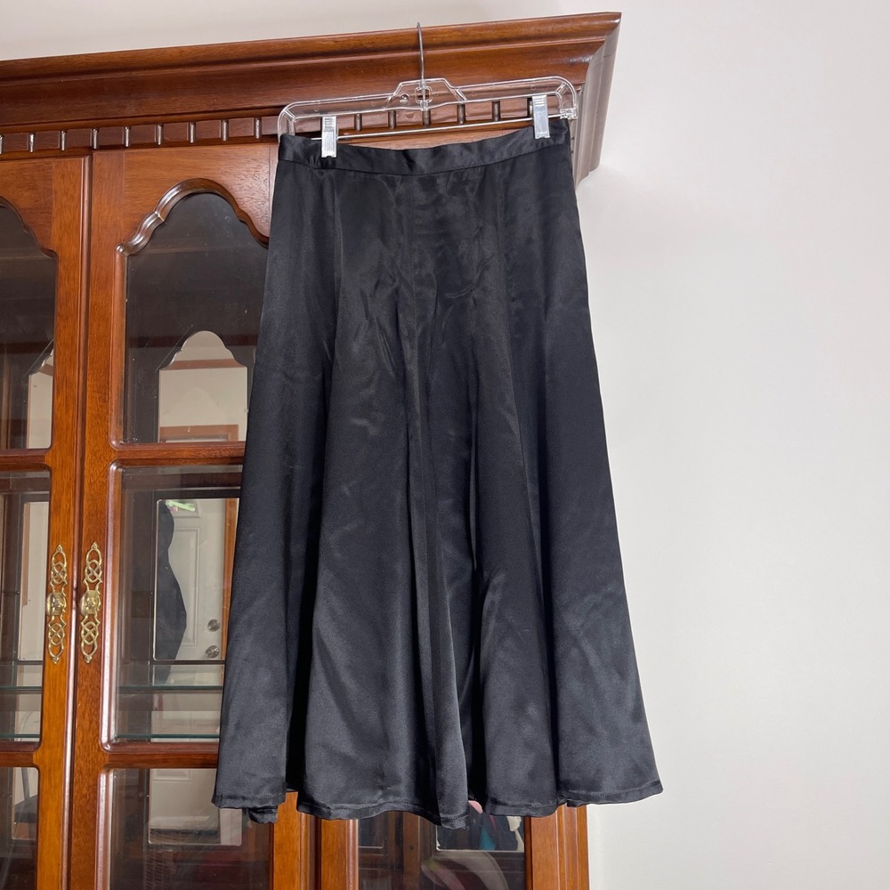 Panther Vintage Black Satin A-Line Midi Skirt Made in USA Size 10 Minimalist